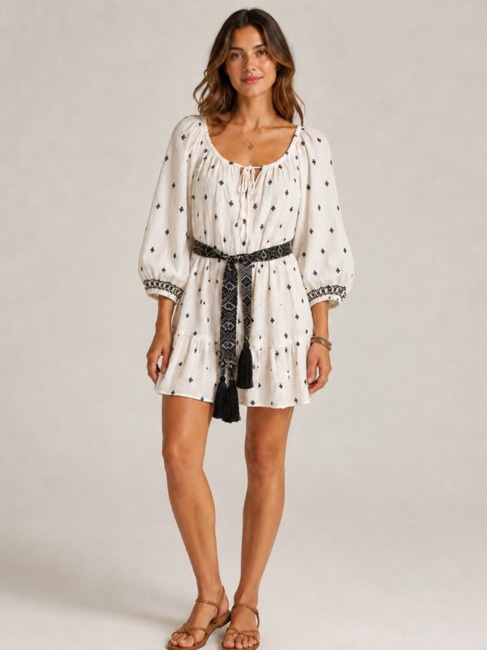A Loves A White Gauze Puff Sleeve Embroidered Floral Tie Sash Flouncy Mini Dress